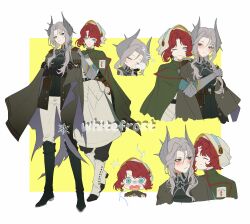  2girls ;) ^^^ ^_^ absurdres artist_request black_boots black_cape black_jacket black_pants blue_eyes blue_shirt blush boots border cape chibi chibi_inset chinese_commentary closed_eyes commentary_request commission cropped_torso crossed_arms drooling full_body gauntlets grey_eyes grey_hair hair_ornament hands_on_another's_shoulders hat heads_together highres hug hug_from_behind jacket knee_boots lightning long_hair looking_at_another looking_at_viewer looking_to_the_side low_ponytail marsha_(reverse:1999) military_uniform multiple_girls multiple_views nose_bubble one_eye_closed open_mouth outside_border pants pants_under_skirt ponytail reverse:1999 second-party_source sentinel_(reverse:1999) shirt short_hair skirt sleeping sleeping_upright smile standing upper_body watermark white_boots white_border white_hat white_pants white_skirt yellow_background yuri zzz 