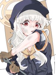  1girl aoba_(blue_archive) arm_up armband blonde_hair blue_archive blue_hat bow bowtie brown_background brown_gloves commentary dirty dirty_face fluffy_hair gloves halo hat highres holding jacket long_sleeves looking_at_viewer medium_hair minami_linli open_mouth orange_armband peaked_cap red_eyes sleeves_rolled_up solo two-tone_background upper_body vest white_background wrench yellow_bow yellow_bowtie yellow_halo 