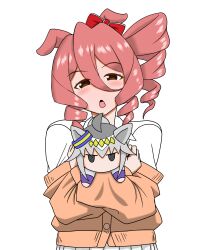  1girl animal_ears blush bow brown_cardigan brown_eyes brown_hair cardigan character_doll commentary doll dress_shirt drill_hair drill_sidelocks ear_bow half-closed_eyes highres holding holding_doll horse_ears horse_girl igouichigata kasamatsu_tracen_training_uniform light_frown long_sleeves looking_at_viewer norn_ace_(umamusume) off_shoulder oguri_cap_(umamusume) open_mouth pleated_skirt shirt side_drill sidelocks simple_background skirt solo umamusume umamusume:_cinderella_gray upper_body white_background white_shirt white_skirt 