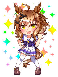  ahoge animal_ears blush bow bowtie braid breasts brown_hair chibi chibi_only collarbone commentary_request full_body hair_between_eyes hair_ornament hairclip half_up_braid half_up_half_down_braid hand_on_own_hip highres horse_ears horse_girl horse_tail jewelry jungle_pocket_(umamusume) looking_at_viewer medium_hair notched_ear open_mouth pleated_skirt puffy_short_sleeves puffy_sleeves purple_bow purple_bowtie purple_shirt sailor_collar sailor_shirt school_uniform shirt shoes short_sleeves skirt smile solo sugimotty_nova tail thigh-highs tracen_school_uniform umamusume white_sailor_collar white_skirt white_thighhighs yellow_eyes zettai_ryouiki 