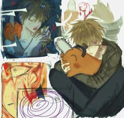  1boy animal blonde_hair blood burger chainsaw_man denji_(chainsaw_man) eyeball eyepatch food highres holding holding_animal image_warping looking_to_the_side multiple_views pochita_(chainsaw_man) sharp_teeth swirl teeth txasttszu 