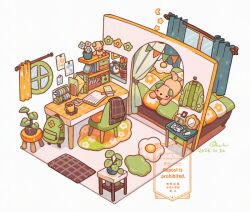  animal backpack bag bed chair commentary_request curtains dated dog flower_pot indoors leaf marker mochimura_sorata no_humans notebook original plant potted_plant signature streamers stuffed_animal stuffed_dog stuffed_toy table unworn_backpack unworn_bag watermark window 