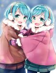  2girls aged_down aqua_hair bang_dream! breath brown_coat brown_skirt coat cold earmuffs green_eyes green_skirt hagakuri hands_on_another&#039;s_arms highres hikawa_hina hikawa_sayo light_blush looking_at_viewer medium_hair mittens multiple_girls own_hands_together pink_coat pleated_skirt purple_mittens skirt 