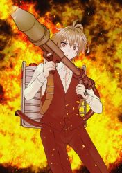  ahoge antenna_hair black_pants black_vest commentary_request cowboy_shot dress_shirt eagret fate/apocrypha fate_(series) fiery_background fire flamethrower grey_hair hair_between_eyes holding holding_flamethrower holding_weapon orange_eyes pants shirt short_hair sieg_(fate) vest weapon white_shirt 