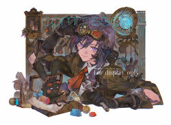  1girl absurdres adjusting_goggles aura black_gloves closed_mouth commission creature cropped_torso final_fantasy final_fantasy_xiv gem gloves goggles goggles_on_head hair_between_eyes highres holding holding_wrench horns looking_at_viewer mellowsong neckerchief purple_hair red_neckerchief scales spriggan violet_eyes warrior_of_light_(ff14) watermark wrench 