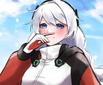  1girl blue_eyes blue_sky blush clouds day gloves hair_between_eyes hand_up highres honkai_(series) honkai_impact_3rd jacket kiana_kaslana kiana_kaslana_(white_comet) long_hair looking_at_viewer outdoors red_gloves rubbing_nose sky smile solo upper_body white_gloves white_hair white_jacket yunomi_(yunomi_hs) 