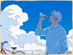  1boy arm_up artist_name bicycle blue_eyes bottle clouds coca-cola collared_shirt cowboy_shot day drinking gojou_satoru highres holding holding_bottle jujutsu_kaisen ksuke_26 male_focus outdoors profile shirt short_hair sky sleeves_rolled_up solo standing white_hair white_shirt 