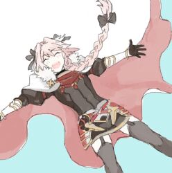  1boy androgynous armored_skirt astolfo_(fate) astolfo_(rider)_(fate) black_bow black_garter_straps black_sweater black_thighhighs blush boots bow braid cape closed_eyes cowboy_shot fate/apocrypha fate_(series) fur-trimmed_cape fur_trim garter_straps gauntlets gorget hair_bow hair_intakes juliet_sleeves long_hair long_sleeves madara-ame male_focus multicolored_hair multiple_hair_bows open_mouth pink_hair puffy_sleeves riding_boots single_braid sketch smile solo spurs streaked_hair sweater thigh-highs two-sided_cape two-sided_fabric white_boots white_cape white_hair zettai_ryouiki 