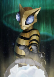  1other alien aurora blue_eyes cannan_seijin colored_skin commentary dome gold_skin highres horns lips long_sleeves night no_humans no_pupils open_hand outstretched_arm science_fiction shirt sky solo star_(sky) striped_clothes striped_shirt tokusatsu ultra_series ultraseven_(series) yamakazema 