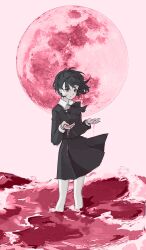  1girl absurdres collared_shirt cropped_jacket cupping_hands full_moon gekkoukan_high_school_uniform greyscale_with_colored_background highres holding_water jacket long_sleeves looking_down moon own_hands_together persona persona_3 persona_3_portable pink_theme school_uniform shiomi_kotone shirt short_hair skirt solo stab3ry wading 
