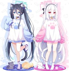  2girls :o animal animal_ear_fluff animal_ears aris_(blue_archive) black_cat black_hair black_hairband blue_archive blue_choker blue_eyes blue_sleeves blush cat cat_ears cat_girl cat_tail choker closed_mouth commentary double-parted_bangs drop_shadow full_body green_halo hair_between_eyes hair_bobbles hair_ornament hairband halo hand_up holding_hands kei_(blue_archive) kei_(new_body)_(blue_archive) kemonomimi_mode long_hair long_hair_between_eyes long_sleeves looking_at_viewer multiple_girls no_shoes open_mouth pink_halo pink_sleeves rectangular_halo red_eyes shirt simple_background sleeves_past_fingers sleeves_past_wrists socks standing standing_on_one_leg star_(symbol) subin_(subin_2011) tail twintails very_long_hair white_background white_cat white_choker white_hair white_shirt white_socks 
