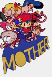  3boys 3girls :d ana_(mother) baby_animal belt belt_buckle bird black_hair blonde_hair blue_eyes blue_shirt blue_shoes blush_stickers bow brown_belt brown_hair buckle chick commentary_request copyright_name dress eve_(mother) franklin_badge freckles frying_pan glasses grin hair_bow hat highres holding holding_frying_pan lloyd_(mother) mechanical_arms mother_(series) mother_1 multiple_boys multiple_girls ninten pink_dress pippi_(mother) pompadour red_hat red_ribbon red_scarf red_socks red_sweater ribbon robot round_eyewear scarf shirt shoes sideways_hat smile socks striped_clothes striped_shirt sunglasses sweater teddy_(mother) twintails user_zpnu2438 white_background white_hair white_socks 