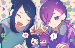  ! 2girls black_hair character_charm charm_(object) closed_eyes closed_mouth clover dot_(pokemon) freckles hair_ornament hair_over_one_eye hairclip hashtag-only_commentary headphones headphones_around_neck heart highres holding holding_charm jacket liko_(pokemon) long_sleeves looking_at_another medium_hair miao69401820 multicolored_hair multiple_girls open_mouth pink_hair pokemon pokemon_(anime) pokemon_horizons purple_hair purple_jacket short_hair smile spoken_exclamation_mark spoken_heart two-tone_hair violet_eyes 