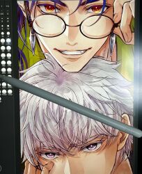  2boys adjusting_eyewear archer_(fate) art_program_in_frame black-framed_eyewear blue_hair commentary_request cu_chulainn_(fate) cu_chulainn_(lancer)_(fate) earrings fang fate/hollow_ataraxia fate_(series) grin hawaiian_shirt head_rest highres hiyuri jewelry long_hair looking_at_viewer male_focus mouth_out_of_frame multiple_boys orange_eyes round_eyewear shirt short_hair smile tooth violet_eyes white_hair 