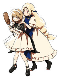  2girls :o adjusting_another's_hair apron black_boots black_dress black_shoes blonde_hair blue_tabard boots braid brown_hair character_request closed_mouth copyright_request curtained_hair dress duster feather_duster frilled_dress frills gold_wrist_cuffs highres holding holding_duster light_blush light_frown long_hair maid_apron maid_headdress multiple_girls nme_0039 open_mouth puffy_short_sleeves puffy_sleeves red_eyes shoes short_hair short_sleeves simple_background socks sweatdrop swept_bangs tabard twin_braids v-shaped_eyebrows very_long_hair white_background white_dress white_socks 