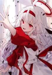  1girl absurdres ahoge belt character_request commentary_request dress hairband halo highres long_hair open_mouth red_eyes red_hairband red_halo red_ribbon red_sleeves reverseblue_x_re-birthend ribbon ruto_(rutodesu) sailor_collar solo watermark white_belt white_dress white_hair white_sailor_collar 