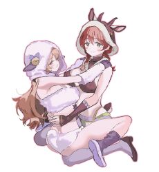  2girls animal_costume animal_ears animal_hood arm_warmers bananahaemeog bell blush boots bra braid brown_hair brown_shoes deer_costume deer_ears deer_hood deer_tail detached_sleeves emma_verde fluffy_clothes green_eyes hands_on_another's_shoulders hands_on_another's_waist highres hood konoe_kanata long_hair looking_to_the_side love_live! love_live!_nijigasaki_high_school_idol_club multiple_girls on_floor pale_skin sheep_costume sheep_hood sheep_tail shoes sitting sitting_on_lap sitting_on_person tail tank_top underwear violet_eyes white_background white_tank_top 