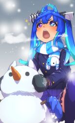  1girl absurdres ahoge animal_ears black_mittens blue_coat blue_eyes blue_hair blue_mittens blush buttons carrot coat commentary_request crossed_bangs double-breasted heterochromia highres horse_ears horse_girl long_hair long_sleeves mittens multicolored_hair open_mouth purple_serafuku purple_skirt purple_thighhighs scarf school_uniform serafuku sharp_teeth sidelocks skirt snow snowing snowman solo sparkle striped_clothes striped_scarf teeth thigh-highs thin_(suzuneya) tracen_school_uniform tracen_winter_coat twin_turbo_(umamusume) twintails umamusume violet_eyes winter_clothes winter_coat winter_uniform 