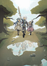  3girls aged_down alternate_hair_color arm_up blue_hair boots caeldori_(fire_emblem) cape commission different_reflection dress female_morgan_(fire_emblem) fire_emblem fire_emblem_awakening fire_emblem_fates highres holding holding_sword holding_weapon hood lucina_(fire_emblem) multiple_girls ophelia_(fire_emblem) owain_(fire_emblem) puddle reflection smile soleil_(fire_emblem) sword t0bey tree weapon wooden_sword 