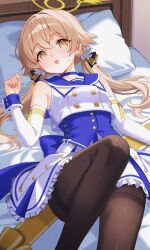  1girl bed black_pantyhose blonde_hair blue_archive blue_choker blue_sailor_collar choker commentary_request cropped_shirt frilled_skirt frills hair_ornament hairpin halo hifumi_(blue_archive) highres idol karaage_(xxxmido02) low_twintails lying mischievous_straight_uniform_(blue_archive) official_alternate_costume pantyhose pillow sailor_collar skirt twintails yellow_eyes yellow_halo 