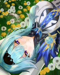  1girl arms_up black_hairband blue_hair blue_necktie breasts commentary_request eula_(genshin_impact) field flower flower_field genshin_impact gonkun_06 hairband highres large_breasts looking_at_viewer medium_hair necktie smile solo split_mouth upper_body upside-down violet_eyes vision_(genshin_impact) 