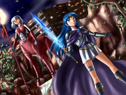 1boy 1girl androgynous armor artist_name bad_id bandaged_leg bandages black_boots blue_eyes blue_hair boots building cape centaur circlet closed_mouth cyborg dutch_angle gauntlets glowing glowing_sword glowing_weapon grey_hair holding holding_polearm holding_sword holding_weapon long_hair night original outdoors parted_lips polearm purple_cape purple_sash red_eyes sash science_fiction shoulder_armor sin_(man-sai-den) smile spear standing sword taur tree tunic weapon white_tunic 