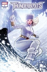  1girl absurdres blonde_hair boots clenched_hands comic_cover company_name copyright_logo copyright_name cover cover_page english_text floating_hair fur-trimmed_boots fur_hat fur_trim gloves grey_eyes hat highres jumpsuit logo looking_at_viewer lukas_werneck marvel mole mole_under_eye motion_blur official_art red_lips short_hair signature snow snowboarding solo tree western_comics_(style) white_boots white_gloves white_hat white_jumpsuit white_theme white_widow yelena_belova 