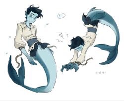  1boy air_bubble black_hair blue_eyes blue_skin bubble closed_eyes closed_mouth collared_shirt colored_skin elijah_douchnov fins full_body head_fins long_sleeves looking_at_viewer mermaid merman monster_boy monster_girl multiple_views my_student_spirit rope sash shirt short_hair simple_background skirt upside-down webbed_hands white_background white_shirt yy20251111 