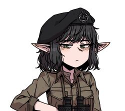  1girl binoculars black_hair brown_jacket character_request commission copyright_request elf green_eyes hat jacket karepack long_sleeves military_hat military_jacket military_uniform pointy_ears simple_background solo white_background 
