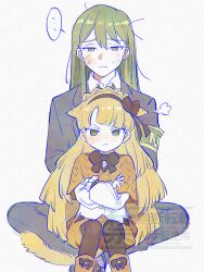  ... 1boy 1girl animal_ears armband black_bow black_bowtie black_jacket black_leggings black_suit blunt_bangs blunt_ends blush boots bow bow_hairband bowtie braid brown_bow brown_eyes capelet cat_ears cat_tail child closed_mouth collared_shirt commentary_request crossed_arms crown_braid droopy_ears footwear_bow frown green_eyes green_hair hair_bow hairband headband indian_style jacket kemonomimi_mode knees_together_feet_apart leggings lobotomy_corporation long_hair long_sleeves looking_at_viewer medu_(rubish) netzach_(project_moon) orange_boots orange_capelet pout project_moon puffy_long_sleeves puffy_sleeves shirt simple_background sitting sitting_on_lap sitting_on_person spoken_ellipsis straight-on suit tail tiphereth_a_(project_moon) tsurime watermark white_shirt 