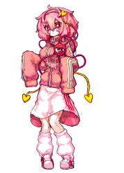  1girl absurdres alternate_costume black_hairband blush breasts commentary eyeball full_body hair_ornament hairband heart heart_hair_ornament highres jacket komeiji_satori korean_commentary leg_warmers long_sleeves looking_at_viewer medium_breasts medium_hair pink_eyes pink_hair pink_jacket rampa93 simple_background skirt sleeves_past_fingers sleeves_past_wrists solo third_eye touhou white_background white_leg_warmers white_skirt 