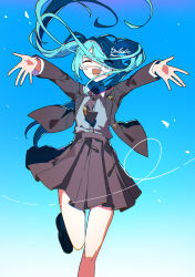  1girl ahoge ankaketomato artist_name black_necktie black_shoes blue_background blue_eyes blue_hair blush breast_pocket brown_skirt brown_suit buttons collar collared_shirt commentary dress_shirt english_commentary eyepatch facing_viewer falling_petals floating_clothes floating_hair gold_buttons gradient_background grey_shirt hair_between_eyes hatsune_miku heart heart-shaped_pupils highres incoming_hug long_hair long_sleeves looking_at_viewer mary_janes medical_eyepatch miniskirt monitoring_(vocaloid) necktie one_eye_closed open_mouth outstretched_arms petals pocket school_uniform shirt shoes sidelocks signature skirt smile solo suit symbol-shaped_pupils thighs twintails twitter_username very_long_hair vocaloid white_background white_collar white_petals 
