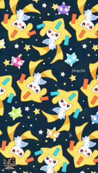  alternate_color colored_skin highres jirachi looking_at_viewer meme_(sleepsheep) minior minior_(blue_core) minior_(core) minior_(green_core) minior_(indigo_core) minior_(orange_core) minior_(red_core) minior_(violet_core) minior_(yellow_core) no_humans open_mouth pokemon pokemon_(creature) pokemon_focus shiny_and_normal shiny_pokemon smile star_(symbol) white_skin 