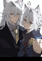 2boys animal_ear_fluff animal_ears black_gloves black_jacket brothers cat_boy cat_ears closed_mouth colored_tips commentary_request crossed_arms crossed_bangs gloves grey_shirt hair_between_eyes highres jacket long_hair looking_at_viewer male_focus multicolored_hair multiple_boys necktie nontamewmew parted_lips police police_badge police_uniform policeman scar scar_on_shoulder seth_lowell severian_lowell shirt siblings violet_eyes white_hair yellow_eyes yellow_necktie zenless_zone_zero 