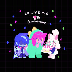  1boy 1girl 1other :3 :d :q :| anniversary barefoot black_background black_boots black_sleeves blue_hair blue_skin boots bright_pupils cake candle chef_hat closed_mouth colored_sclera colored_skin commentary confetti copyright_name deltarune dinosaur_costume fewer_digits food fruit full_body furry furry_female furry_male goat_boy green-framed_eyewear grid_background guitar hand_up hat highres holding holding_guitar holding_instrument holding_plate horns index_finger_raised instrument knee_boots kris_(dark_world)_(deltarune) kris_(deltarune) kris_(lightners_live)_(deltarune) long_sleeves multicolored_hair no_eyes number_candle official_alternate_costume open_mouth pink_eyes pink_hair pink_horns pink_pupils pink_skin plate ralsei ralsei_(cooking_show) reptile_girl shaded_face short_hair simple_background skn_1027 smile sparkle standing strawberry strawberry_cake streaked_hair susie_(dark_world)_(deltarune) susie_(deltarune) susiezilla tareme toes tongue tongue_out tsurime two-tone_hair untranslatable_commentary utdr_(toby_fox) v-shaped_eyebrows violet_eyes white_fur white_hat white_pupils yellow_sclera 