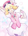  1girl amitie_(puyopuyo) arm_up bike_shorts_under_skirt blonde_hair blush brooch dot_nose eyelashes gloves jewelry kashima_miyako looking_at_viewer one_eye_closed open_mouth pink_vest puffy_short_sleeves puffy_sleeves puyopuyo puyopuyo_fever red_headwear short_hair short_sleeves skirt solo vest white_background white_skirt 