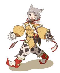  1girl absurdres animal_ear_fluff animal_ears arched_bangs asdf_4532 belt blunt_bangs boots cat_ears facial_mark fang gloves grey_hair hashtag-only_commentary highres hood jumpsuit nia_(xenoblade) open_mouth puffy_sleeves ribbed_jumpsuit short_hair smile solo walking white_background white_gloves xenoblade_chronicles_(series) xenoblade_chronicles_2 yellow_eyes yellow_jumpsuit 