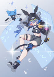 1girl absurdres animal_ears barcode barcode_tattoo black_gloves black_jacket black_shoes black_shorts blue_socks bronya_zaychik bronya_zaychik_(haxxor_bunny) closed_mouth clotho_matcha commentary_request drill_hair drone eyewear_on_head fake_animal_ears full_body gloves grey_eyes grey_hair highres holographic_interface honkai_(series) honkai_impact_3rd jacket knee_pads long_sleeves looking_at_viewer rabbit_ears shoe_soles shoes shorts single_knee_pad smile socks solo tattoo twin_drills twintails