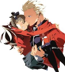 1boy 1girl archer_(fate) brown_hair carrying closed_eyes commentary dark-skinned_male dark_skin ebi_draw fate/stay_night fate_(series) hetero highres long_hair princess_carry shrug_(clothing) skirt smile tohsaka_rin twintails untranslatable_commentary white_hair 