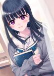  1girl amamiya_chiharu black_hair book collarbone holding holding_book indoors looking_at_viewer medium_hair original painttool_sai_(medium) smile violet_eyes window 