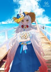  1girl absurdly_long_hair absurdres adjusting_clothes adjusting_headwear alternate_costume animal_ear_fluff animal_ears aqua_ribbon beach blue_camisole blue_hairband blue_ribbon blue_skirt blue_sky bouquet breasts camisole character_name choker closed_mouth clouds cumulonimbus_cloud daisy_(flower) day face_in_shadow feet_out_of_frame floral_print floral_print_shirt flower flower_choker flower_wrapper full_body gradient_hair hair_flower hair_intakes hair_ornament hair_ribbon hairband hand_on_headwear hat hat_ribbon highres holding holding_bouquet holding_flower horizon indie_virtual_youtuber kurou_satsuki large_breasts layered_camisole layered_shirt long_hair long_skirt looking_at_viewer multicolored_hair neck_ribbon ocean outdoors pier pink_hair ponta_(matsuokazieg) print_shirt red_choker ribbon scenery see-through_clothes see-through_shirt shadow shirt skirt sky smile solo standing straw_hat summer sunflower sunflower_hair_ornament swept_bangs very_long_hair virtual_youtuber waist_ribbon water white_flower white_hair wind wolf_ears yellow_eyes 
