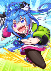  1girl @_@ ahoge animal_ears aqua_hair blue_eyes blue_hair boots brown_leggings coat commentary_request crossed_bangs drawstring harada_(sansei_rain) heterochromia highres hood hooded_coat hoodie horse_ears horse_girl horse_tail leggings long_hair long_sleeves looking_at_viewer multicolored_coat multicolored_hair multicolored_hoodie open_mouth running sharp_teeth sidelocks solo stuffed_animal stuffed_rabbit stuffed_toy sweat tail teeth twin_turbo_(blast_mode!_turbo_engine)_(umamusume) twin_turbo_(umamusume) twintails umamusume violet_eyes yellow_boots 
