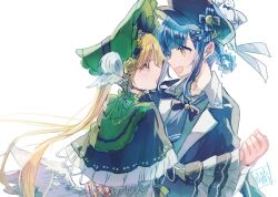 2girls black_capelet black_hat blonde_hair blue_hair braid braided_hair_rings capelet commentary_request face-to-face frilled_capelet frills green_bonnet green_eyes hair_rings hashi_(hashikk0) hat holding_hands lolita_fashion long_hair long_sleeves looking_at_another mahou_shoujo_no_majo_saiban multiple_girls open_mouth short_hair signature smile tachibana_sherry tono_hanna twintails very_long_hair white_background yellow_eyes 