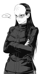  ... 1girl 66an88 black_eyes black_hair crossed_arms forehead_protector genderswap genderswap_(mtf) golden_kamuy greyscale highres imperial_japanese_army long_hair long_sleeves military_uniform monochrome scar scar_on_face smile solo speech_bubble tsurumi_tokushirou white_background 