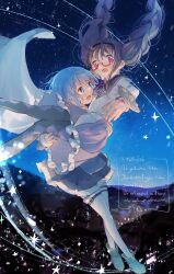  2girls akemi_homura akemi_homura_(magical_girl) black_hair black_hairband blue_eyes blue_hair braid cape carrying commentary glasses hairband highres long_hair magical_girl mahou_shoujo_madoka_magica miki_sayaka miki_sayaka_(magical_girl) multiple_girls mzk0526 night open_mouth princess_carry purple_skirt red-framed_eyewear short_hair skirt star_(sky) twin_braids untranslatable_commentary violet_eyes white_cape 