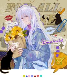  1boy alternate_costume bag blank_speech_bubble blue_jacket border bouquet breast_pocket brown_background cael_anselm cat character_name checkmark chinese_commentary circle collage_(medium) colored_speech_bubble commentary_request copyright_name daisy_(flower) earrings english_text flower hair_between_eyes halftone halftone_background high_collar highres holding holding_bouquet jacket jewelry letterboxed lined_paper lipstick_mark long_hair long_sleeves looking_at_viewer lovebrush_chronicles male_focus multicolored_jacket notice_lines outline paper_bag paperclip parted_lips pocket purple_jacket ring shirt sleeves_past_wrists smile solo sparkle speech_bubble square star_(symbol) sunflower torn_paper triangle two-tone_jacket upper_body very_long_hair violet_eyes wax_seal white_border white_flower white_hair white_shirt xuedaixun yellow_flower 