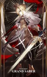  1girl absurdres armor artoria_pendragon_(fate) black_pantyhose blonde_hair breastplate cape crown excalibur_(fate/stay_night) fate/grand_order fate_(series) feijiu fur_trim green_eyes high_heels highres looking_at_viewer lord_logres_(fate) lord_logres_(first_ascension)_(fate) pantyhose red_cape short_hair solo sword weapon 