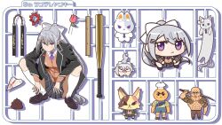  1girl animal_crossing anniversary baseball_bat black_jacket blazer bow brown_cardigan brown_shoes cardigan cat character_request chibi collared_shirt commentary_request flower grey_hair grey_skirt hair_between_eyes hair_bow hair_ornament hairclip high_ponytail higuchi_kaede higuchi_kaede_(1st_costume) jacket light_frown loafers long_hair looking_at_viewer model_kit mole mole_under_eye necktie nijisanji nunchaku one_sutero open_clothes open_jacket paper_airplane peak_(game) plaid_clothes plaid_necktie ponytail poop purple_necktie rabbit rose school_uniform scout_(peak) shirt shoes sidelocks skirt slav_squatting socks squatting very_long_hair violet_eyes virtual_youtuber weapon white_background white_bow white_shirt white_socks 