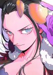  1girl artist_name black_hair blue_eyes closed_mouth commentary english_commentary gloves highres holding holding_removed_eyewear long_hair looking_at_viewer mygiorni nico_robin one_piece orange-tinted_eyewear purple_gloves solo sunglasses tinted_eyewear unworn_eyewear 