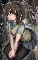  1girl abstract_background absurdres black_eyes black_pantyhose blue_ribbon brown_hair closed_mouth collared_shirt from_above hair_between_eyes hair_ornament hairclip hands_on_own_thigh hashtag-only_commentary hedprotag highres hirasawa_yui k-on! looking_at_viewer neck_ribbon own_hands_together pantyhose parallel_hairclips pleated_skirt ribbon shirt short_sleeves skirt solo stitches sweater_vest white_shirt yellow_sweater_vest zoom_layer 